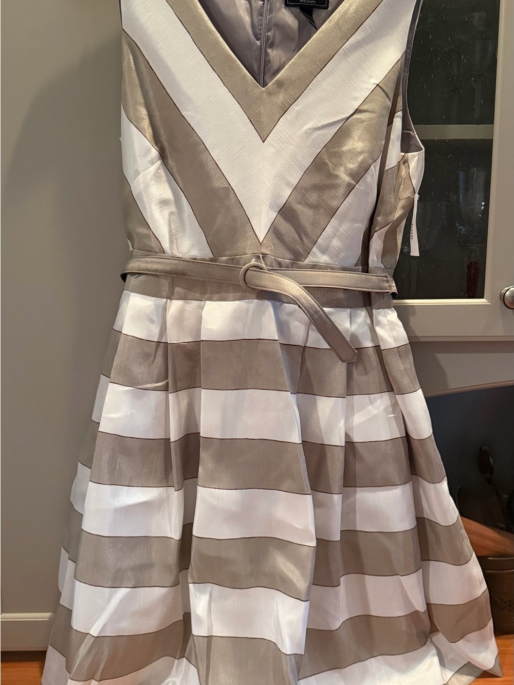 dressbarn Taupe & White Striped Women’s V-Neck Dress with Belt
